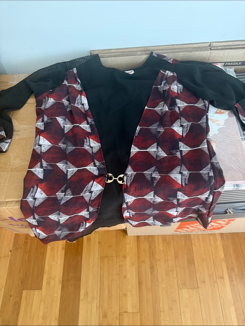 Black Blouse with Burgundy Geometric Vest and Accent Clasp